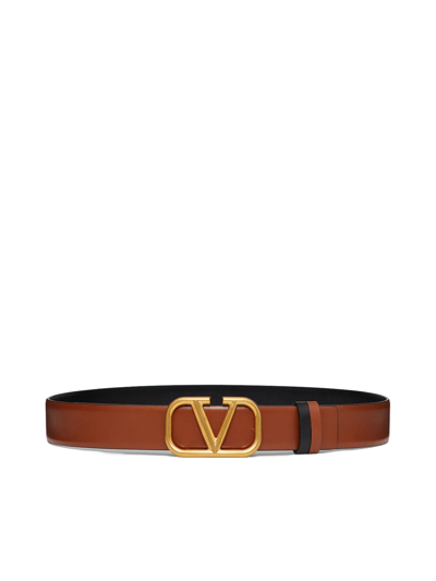 Shop Valentino Reversible Vlogo Signature Belt In Glossy Calfskin 30 Mm In Brown