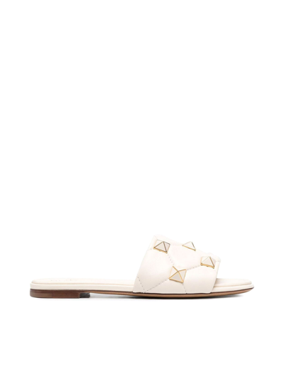 Shop Valentino Roman Stud Flat Slide Sandals In White