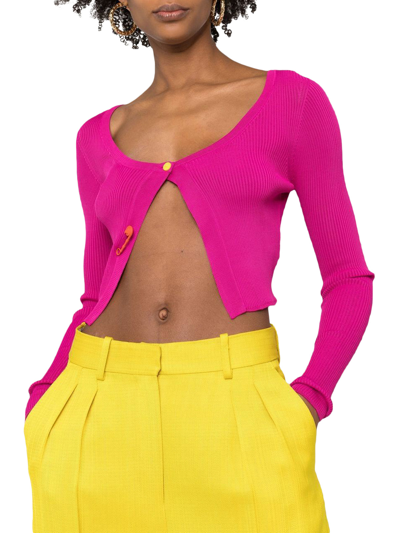 Shop Versace Safety Pin-embellished Fine-ribbed Cardigan In Pink & Purple