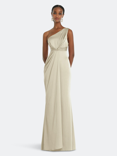 Shop Dessy Collection One-shoulder Draped Twist Empire Waist Trumpet Gown In Brown