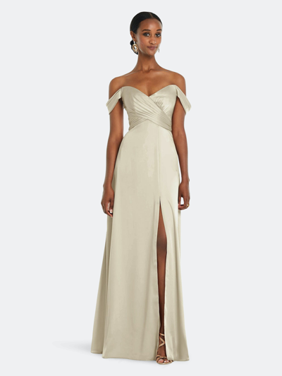 Shop Dessy Collection Off-the-shoulder Flounce Sleeve Empire Waist Gown With Front Slit In Brown