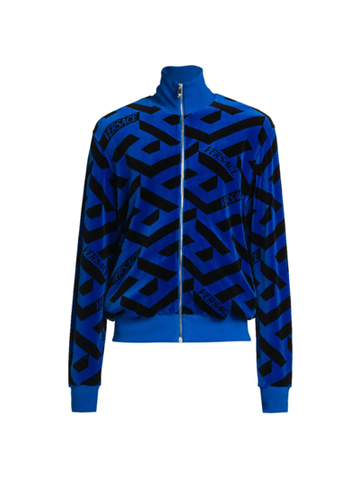 Versace Blue & Black Chenille Monogram Zip-Up Jacket