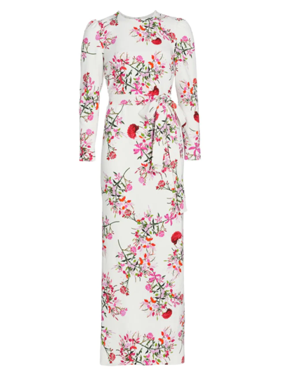 Shop Monique Lhuillier Women's Belted Long-sleeve Floral Maxi Dress In White Fuchsia Multi