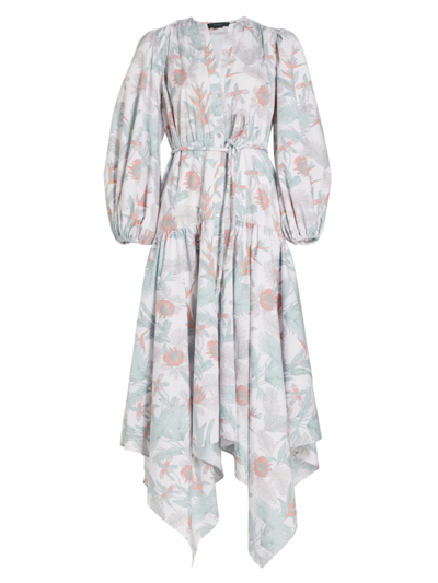 Shop No Pise La Grama Women's Boca Dulce Floral Linen-blend Handkerchief Dress In Jardin Tropical Blanco