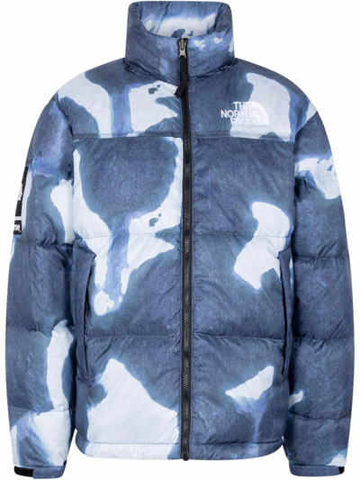 Supreme X Tnf Bleached Denim Print Nuptse Jacket In Blue | ModeSens