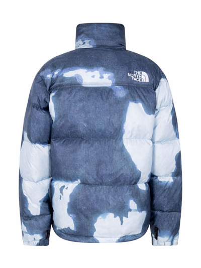 Supreme X Tnf Bleached Denim Print Nuptse Jacket In Blue