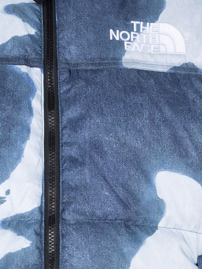 Supreme X Tnf Bleached Denim Print Nuptse Jacket In Blue