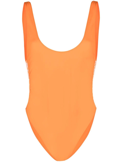 Shop Stella Mccartney Logo Tape Swimsuit In Orange