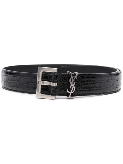 Shop Saint Laurent Crocodile-effect Leather Belt In Schwarz