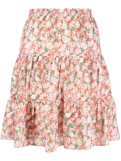 Shop See By Chloé Floral-print Tiered Silk Skirt In Rot