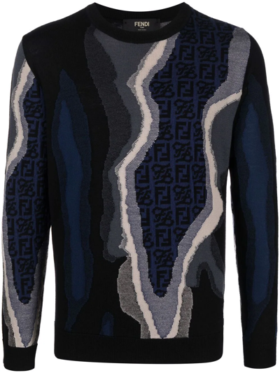 Shop Fendi Intarsia-knit Crew-neck Jumper In Blau