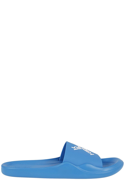 Shop Kenzo Logo Printed Open Toe Slides In Blue