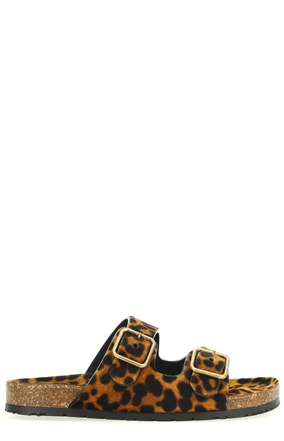 Shop Saint Laurent Leopard Printed Buckle Slides In Multi