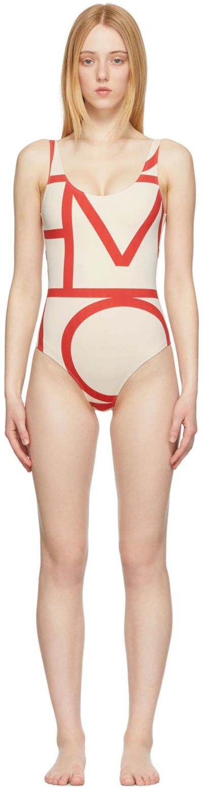 Shop Totême Off-white & Red Monogram One-piece Swimusit In 927 Cava/red