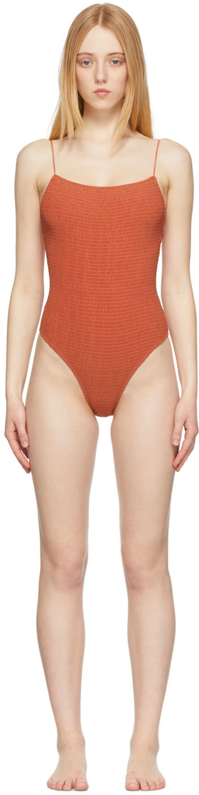 Shop Totême Orange Smocked One-piece Swimsuit In 531 Burnt Orange