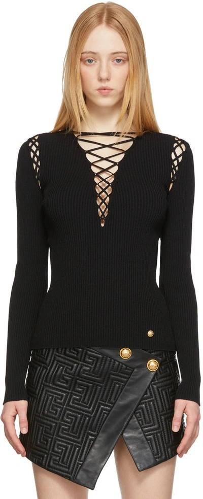 Shop Balmain Black Laced Shoulder Sweater In 0pa Black