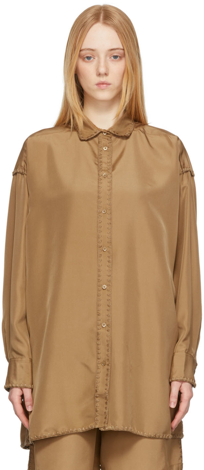 Shop Totême Tan Long Silk Embroidered Shirt In 835 Camel