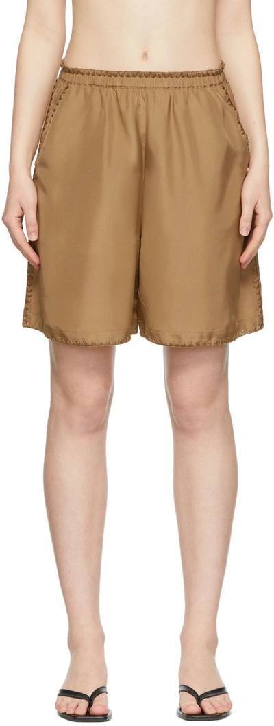 Shop Totême Tan Silk Embroidered Shorts In 835 Camel