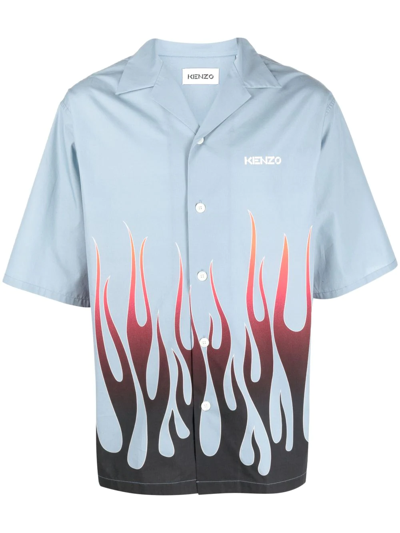 Shop Kenzo Flame-print Branded Short-sleeve Shirt In Blau