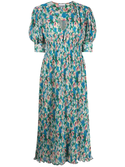 Shop Ganni Pleated Georgette-print Dress In Mehrfarbig