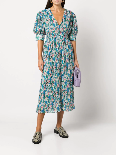 Shop Ganni Pleated Georgette-print Dress In Mehrfarbig