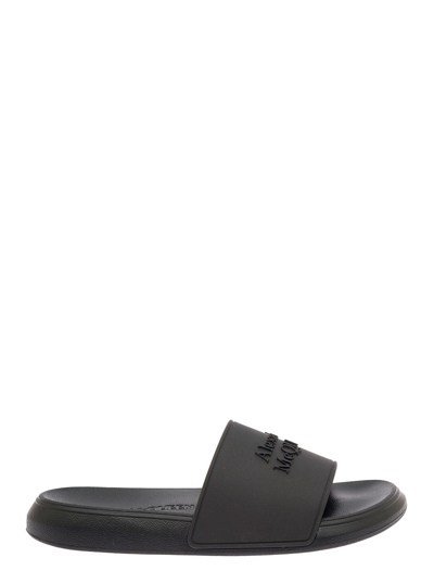 Shop Alexander Mcqueen Woman Black Rubber Slide Sandals With Logo