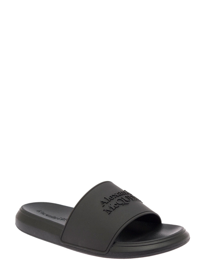 Shop Alexander Mcqueen Woman Black Rubber Slide Sandals With Logo