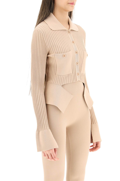 Shop Andreädamo Ribbed Cardigan With Cut-out In Beige