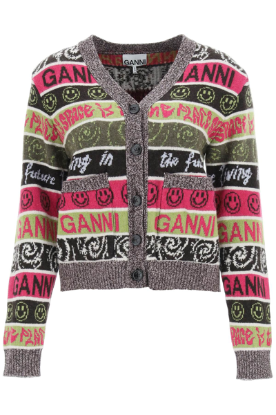 Shop Ganni Jacquard Knit Cardigan In Brown,fuchsia,green