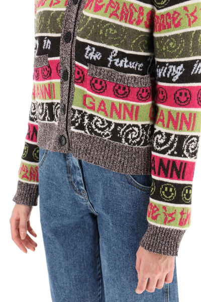 Shop Ganni Jacquard Knit Cardigan In Brown,fuchsia,green