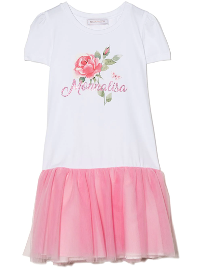 Shop Monnalisa Logo-print Tulle Mini Dress In White