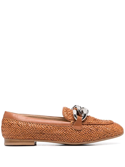 Shop Casadei Chain-link Leather Loafers In Brown