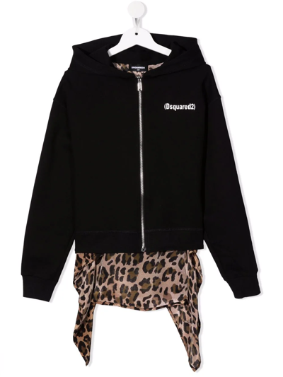 Shop Dsquared2 Teen Leopard-print Panel Hoodie In Black