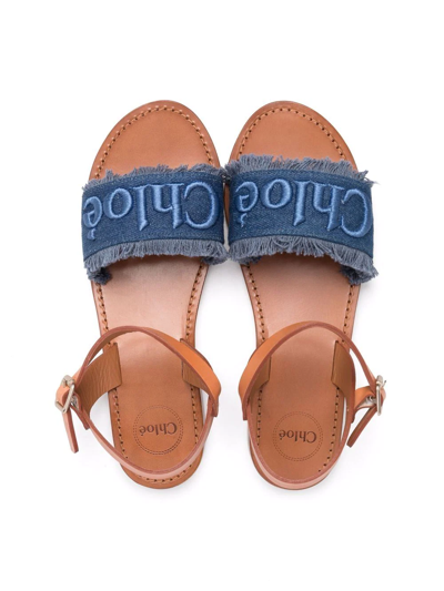 Shop Chloé Embroidered-logo Leather Sandals In Blue