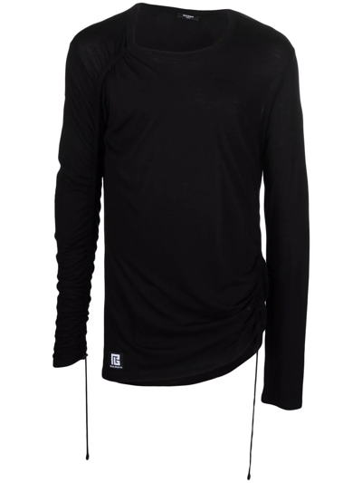 Shop Balmain Long-sleeve Drawstring T-shirt In Black