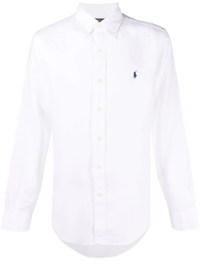 Shop Polo Ralph Lauren Logo-embroidered Linen Shirt In Weiss