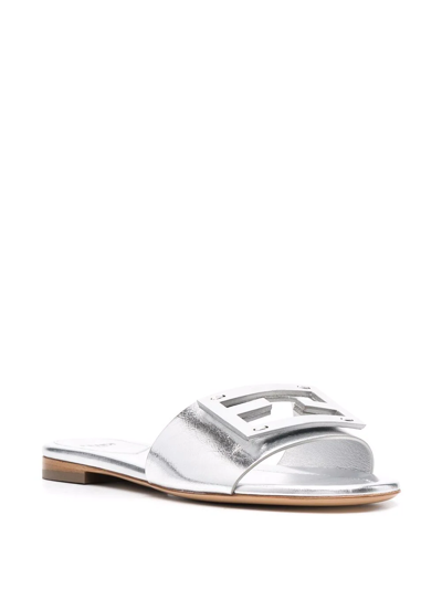 Fendi Laminated Leather Signature Slides In Silver