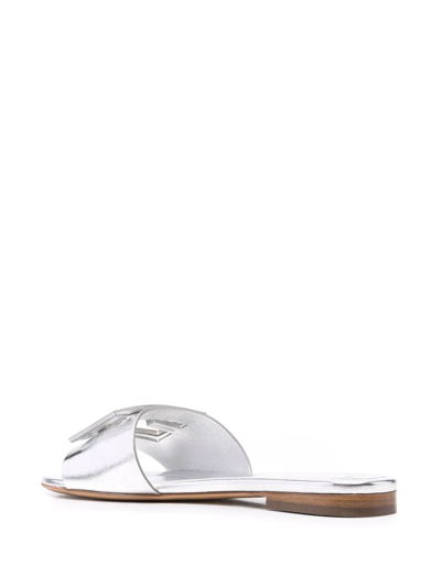 Fendi Laminated Leather Signature Slides In Silver