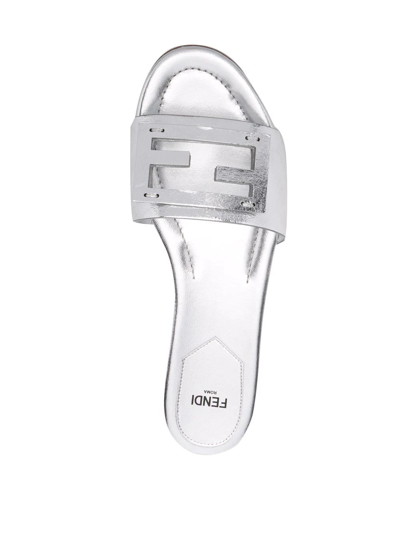 Fendi Laminated Leather Signature Slides In Silver