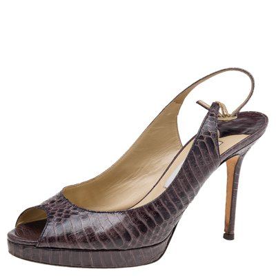 JIMMY CHOO Pre-owned Brown Python Embossed Leather Peeptoe Sandals Size 38