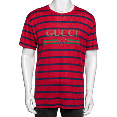 Pre-owned Gucci Red & Blue Striped Linen Knit Logo Printed Oversized T Shirt Xs