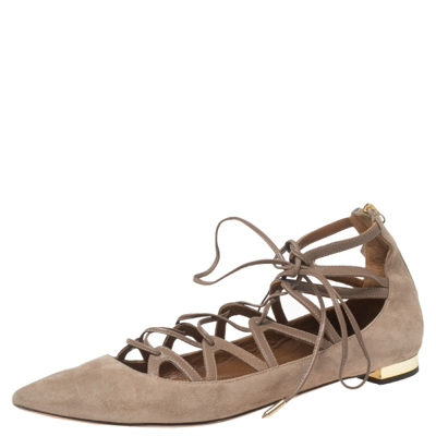 Pre-owned Aquazzura Beige Suede Dancer Lace Up Ballet Flats Size 38