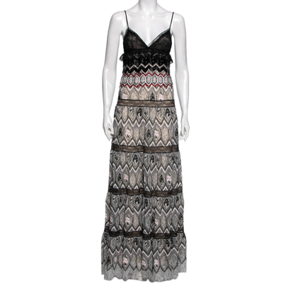 Pre-owned Giambattista Valli Multicolor Mesh Floral Embroidered Ruffle Detail Gown S In Black