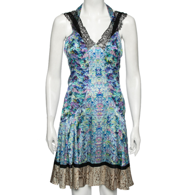 Pre-owned Roberto Cavalli Multicolored Printed Silk Lace Trimmed Dress M