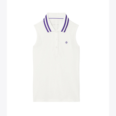 Shop Tory Sport Tory Burch Performance Piqué Pleated-collar Sleeveless Polo In Snow White/bright Purple