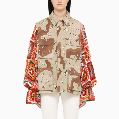 Shop Tu Lizé Beige Camouflage Jacket With Crochet Sleeves In Multicolor