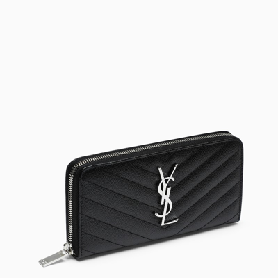 Saint Laurent Black/silver Monogram Zip Around Wallet In Black
