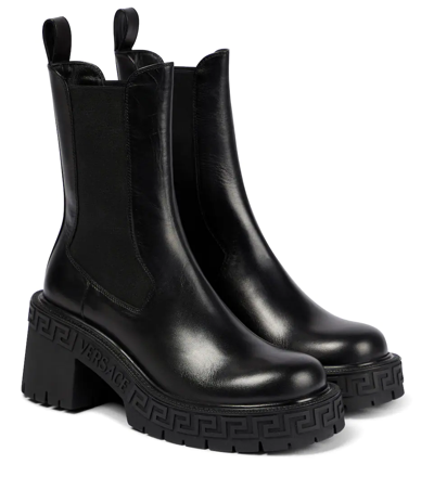 Shop Versace Greca Leather Chelsea Boots In 黑色