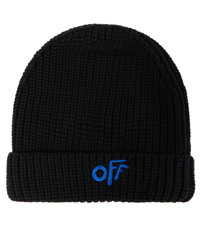 Shop Off-white Logo Embroidered Cotton Beanie In Black Blue