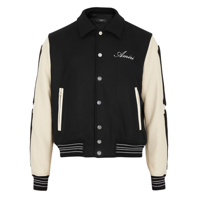 Shop Amiri Bones Black Panelled Wool-blend Varsity Jacket